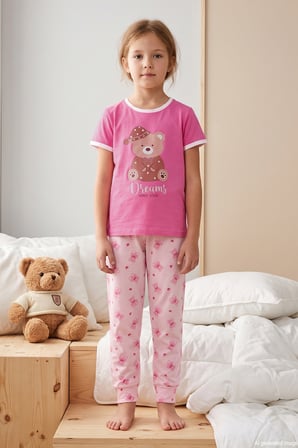 Kız Çocuk Kısa Kol Baskılı Penye Pijama Takımı 6510 Şeker Pembe | 4-5 YAŞ