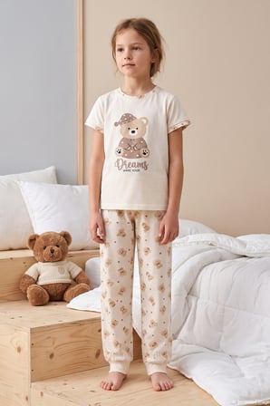 Kız Çocuk Kısa Kol Baskılı Penye Pijama Takımı 6510 Krem01 | 3-4 Yaş