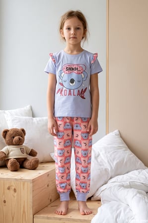 Kız Çocuk Kısa Kol Baskılı Penye Pijama Takımı 2624 Bebe Mavisi | 5-6 Yaş