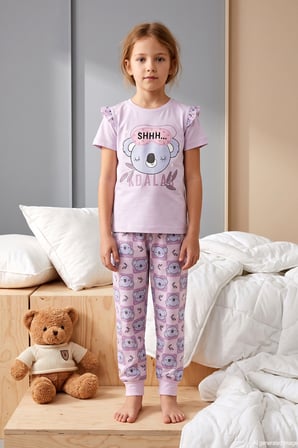 Kız Çocuk Kısa Kol Baskılı Penye Pijama Takımı 2624 Pudra01 | 4-5 YAŞ