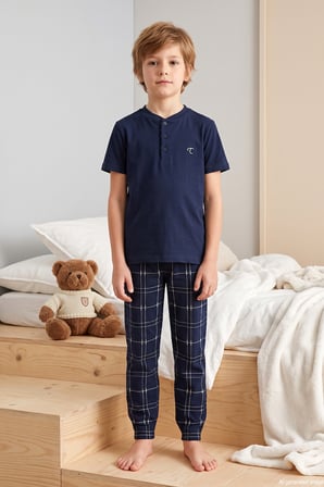 Genç Erkek Çocuk Kısa Kol Şortlu Pijama Takımı 4371 Lacivert03 | 12-13 Yaş