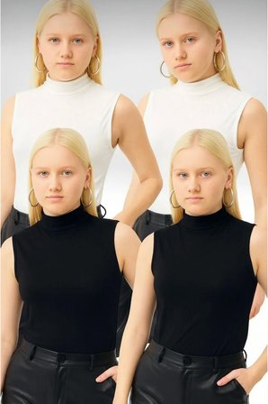 Kadın 4'lü Sıfır Kol Kolsuz Body VİSKON Boğazlı Body 4 Adet Balıkçı 2 Sİyah 2 Beyaz