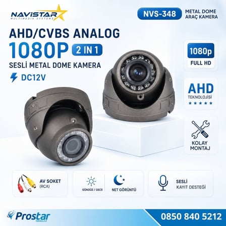 Mikrofonlu AHD 1080P/Analog CVBS Pal Araç içi Metal Dome Kamera RCA Sarı soketli, IR Gece Görüşlü