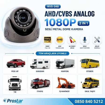 Mikrofonlu AHD 1080P/Analog CVBS Pal Araç içi Metal Dome Kamera RCA Sarı soketli, IR Gece Görüşlü