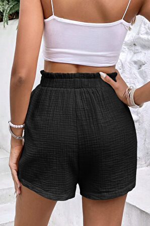 Ghassy Co. Kadın %100 Cotton Müslin Tatil Ev İçi/Dışı Kullanım Cepsiz Beli Bağcıklı Şort