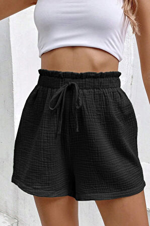 Ghassy Co. Kadın %100 Cotton Müslin Tatil Ev İçi/Dışı Kullanım Cepsiz Beli Bağcıklı Şort