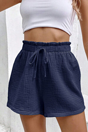 Ghassy Co. Kadın %100 Cotton Müslin Tatil Ev İçi/Dışı Kullanım Cepsiz Beli Bağcıklı Şort