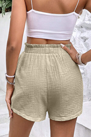Ghassy Co. Kadın %100 Cotton Müslin Tatil Ev İçi/Dışı Kullanım Cepsiz Beli Bağcıklı Şort