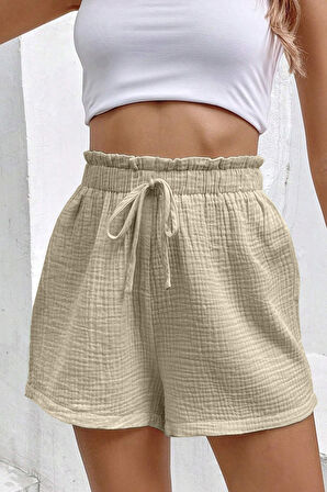 Ghassy Co. Kadın %100 Cotton Müslin Tatil Ev İçi/Dışı Kullanım Cepsiz Beli Bağcıklı Şort
