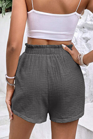 Ghassy Co. Kadın %100 Cotton Müslin Tatil Ev İçi/Dışı Kullanım Cepsiz Beli Bağcıklı Şort