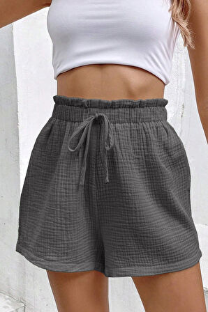 Ghassy Co. Kadın %100 Cotton Müslin Tatil Ev İçi/Dışı Kullanım Cepsiz Beli Bağcıklı Şort