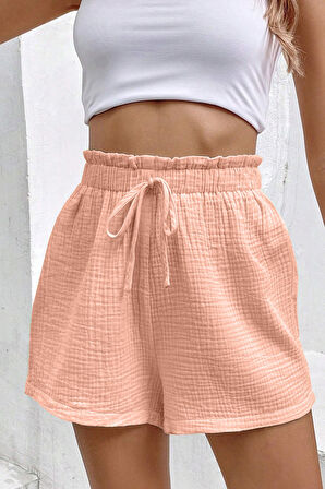 Ghassy Co. Kadın %100 Cotton Müslin Tatil Ev İçi/Dışı Kullanım Cepsiz Beli Bağcıklı Şort