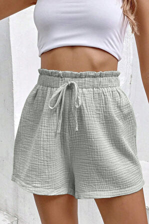 Ghassy Co. Kadın %100 Cotton Müslin Tatil Ev İçi/Dışı Kullanım Cepsiz Beli Bağcıklı Şort
