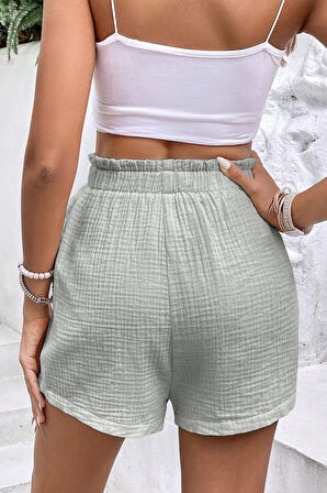 Ghassy Co. Kadın %100 Cotton Müslin Tatil Ev İçi/Dışı Kullanım Cepsiz Beli Bağcıklı Şort