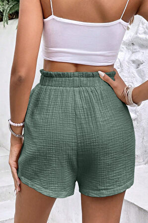 Ghassy Co. Kadın %100 Cotton Müslin Tatil Ev İçi/Dışı Kullanım Cepsiz Beli Bağcıklı Şort