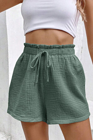Ghassy Co. Kadın %100 Cotton Müslin Tatil Ev İçi/Dışı Kullanım Cepsiz Beli Bağcıklı Şort