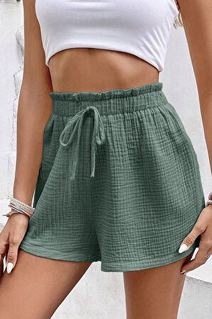 Ghassy Co. Kadın %100 Cotton Müslin Tatil Ev İçi/Dışı Kullanım Cepsiz Beli Bağcıklı Şort