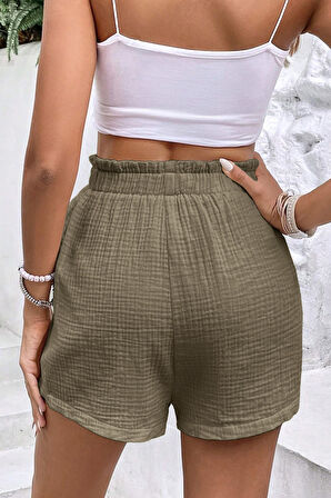 Ghassy Co. Kadın %100 Cotton Müslin Tatil Ev İçi/Dışı Kullanım Cepsiz Beli Bağcıklı Şort