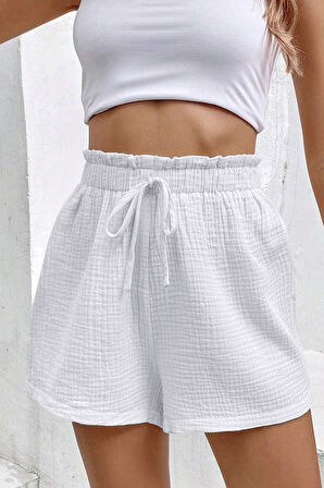 Ghassy Co. Kadın %100 Cotton Müslin Tatil Ev İçi/Dışı Kullanım Cepsiz Beli Bağcıklı Şort