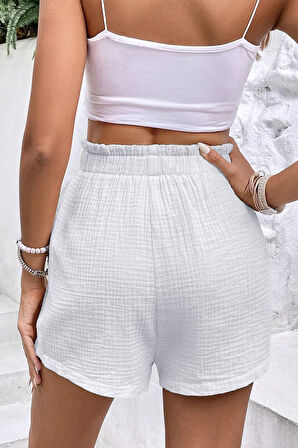 Ghassy Co. Kadın %100 Cotton Müslin Tatil Ev İçi/Dışı Kullanım Cepsiz Beli Bağcıklı Şort