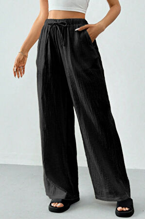 Ghassy Co. Kadın %100 Cotton Müslin Ultra Hafif Palazzo Model Geniş Paça Keten Karışım Pantolon