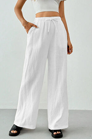 Ghassy Co. Kadın %100 Cotton Müslin Ultra Hafif Palazzo Model Geniş Paça Keten Karışım Pantolon