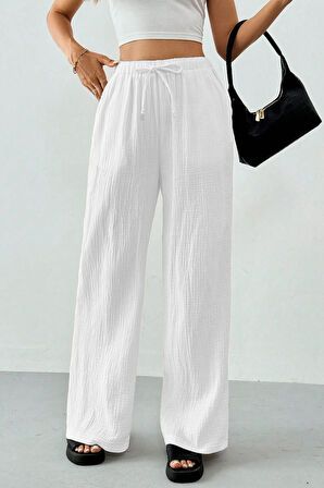 Ghassy Co. Kadın %100 Cotton Müslin Ultra Hafif Palazzo Model Geniş Paça Keten Karışım Pantolon