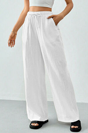 Ghassy Co. Kadın %100 Cotton Müslin Ultra Hafif Palazzo Model Geniş Paça Keten Karışım Pantolon