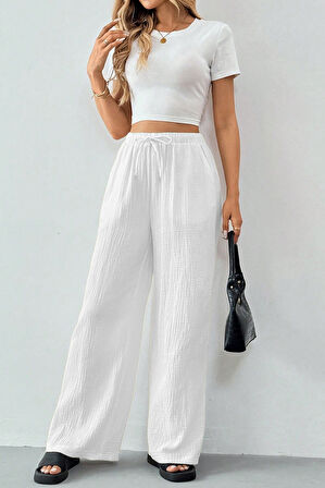 Ghassy Co. Kadın %100 Cotton Müslin Ultra Hafif Palazzo Model Geniş Paça Keten Karışım Pantolon