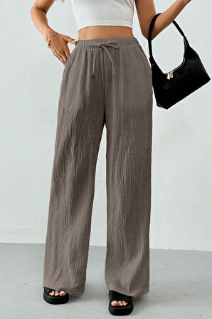 Ghassy Co. Kadın %100 Cotton Müslin Ultra Hafif Palazzo Model Geniş Paça Keten Karışım Pantolon
