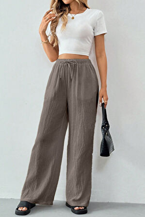 Ghassy Co. Kadın %100 Cotton Müslin Ultra Hafif Palazzo Model Geniş Paça Keten Karışım Pantolon