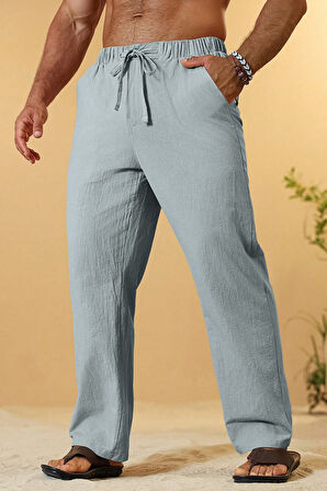 Ghassy Co. Erkek %100 Cotton Muslin Keten Karışım Rahat Ultra Hafif Ev İçi/Dışı Keten Pantolon