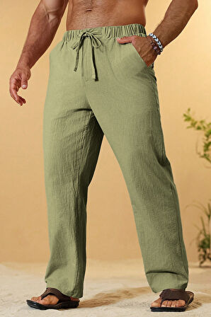 Ghassy Co. Erkek %100 Cotton Muslin Keten Karışım Rahat Ultra Hafif Ev İçi/Dışı Keten Pantolon