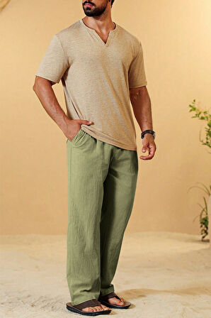 Ghassy Co. Erkek %100 Cotton Muslin Keten Karışım Rahat Ultra Hafif Ev İçi/Dışı Keten Pantolon