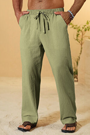 Ghassy Co. Erkek %100 Cotton Muslin Keten Karışım Rahat Ultra Hafif Ev İçi/Dışı Keten Pantolon