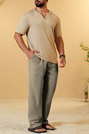 Ghassy Co. Erkek %100 Cotton Muslin Keten Karışım Rahat Ultra Hafif Ev İçi/Dışı Keten Pantolon