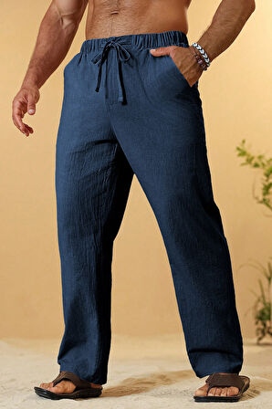Ghassy Co. Erkek %100 Cotton Muslin Keten Karışım Rahat Ultra Hafif Ev İçi/Dışı Keten Pantolon