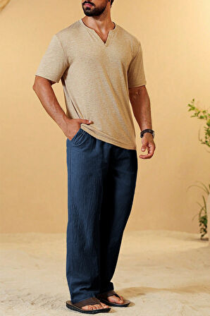 Ghassy Co. Erkek %100 Cotton Muslin Keten Karışım Rahat Ultra Hafif Ev İçi/Dışı Keten Pantolon