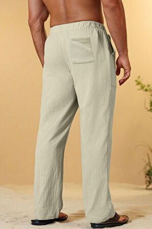 Ghassy Co. Erkek %100 Cotton Muslin Keten Karışım Rahat Ultra Hafif Ev İçi/Dışı Keten Pantolon