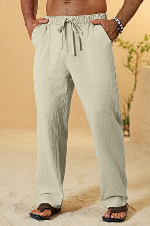 Ghassy Co. Erkek %100 Cotton Muslin Keten Karışım Rahat Ultra Hafif Ev İçi/Dışı Keten Pantolon