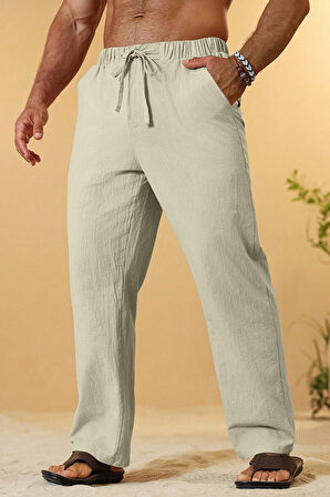 Ghassy Co. Erkek %100 Cotton Muslin Keten Karışım Rahat Ultra Hafif Ev İçi/Dışı Keten Pantolon