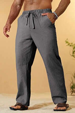 Ghassy Co. Erkek %100 Cotton Muslin Keten Karışım Rahat Ultra Hafif Ev İçi/Dışı Keten Pantolon