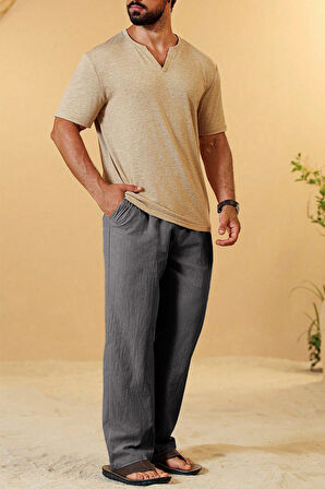 Ghassy Co. Erkek %100 Cotton Muslin Keten Karışım Rahat Ultra Hafif Ev İçi/Dışı Keten Pantolon