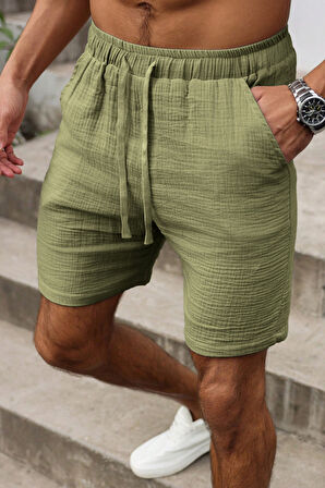 Ghassy Co. Erkek %100 Pamuk Muslin Keten Rahat Günlük Cepli Bağcıklı Tatil Şort