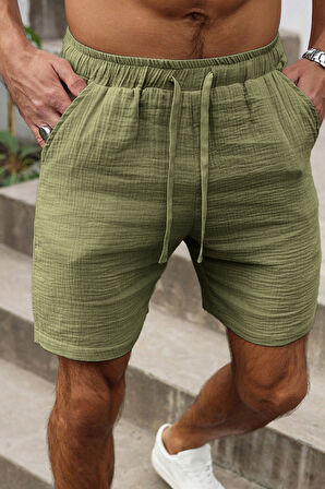 Ghassy Co. Erkek %100 Pamuk Muslin Keten Rahat Günlük Cepli Bağcıklı Tatil Şort