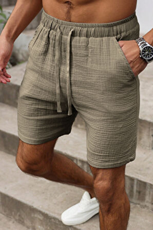 Ghassy Co. Erkek %100 Pamuk Muslin Keten Rahat Günlük Cepli Bağcıklı Tatil Şort