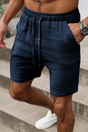 Ghassy Co. Erkek %100 Pamuk Muslin Keten Rahat Günlük Cepli Bağcıklı Tatil Şort