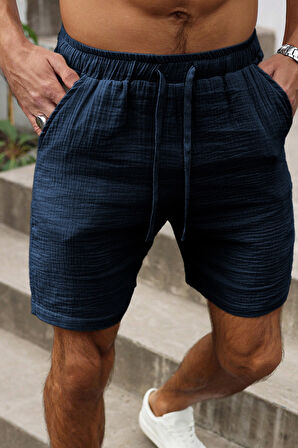 Ghassy Co. Erkek %100 Pamuk Muslin Keten Rahat Günlük Cepli Bağcıklı Tatil Şort