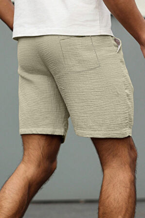 Ghassy Co. Erkek %100 Pamuk Muslin Keten Rahat Günlük Cepli Bağcıklı Tatil Şort