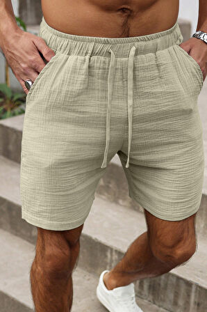 Ghassy Co. Erkek %100 Pamuk Muslin Keten Rahat Günlük Cepli Bağcıklı Tatil Şort